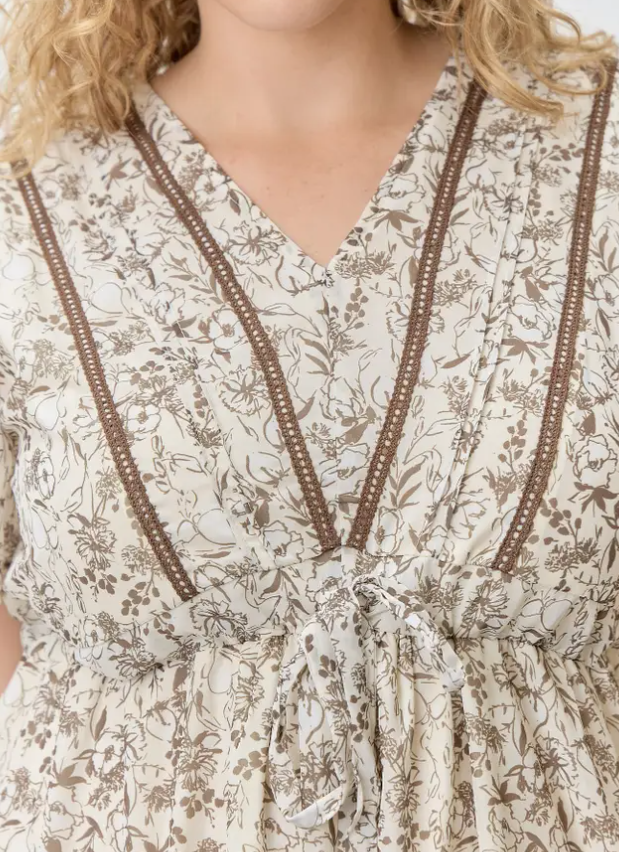 MOCHA MULTI FLORAL PRINT VNECK SHORT SLEEVE MAXI DRESS
