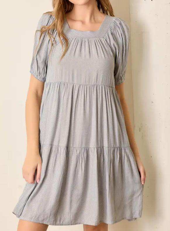 BLUE STRIPED TIERED PUFF SLEEVE DRESS