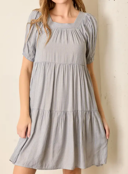 BLUE STRIPED TIERED PUFF SLEEVE DRESS