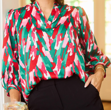 PINK MULTI PRINT BALLOON SLEEVE VERONICA TEXTURED TOP