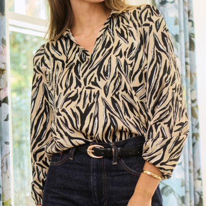 TAN/BLACK PRINTED LONG SLEEVE KAYLA TEXTURED TOP