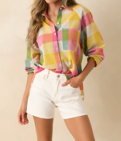 SWEET TART PLAID LONG SLEEVE BUTTON UP PAULA TOP
