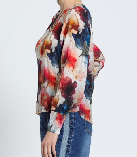 JEWEL FROST MULTI FLORAL ELASTIC ROUND NECK LONG SMOCKED CUFF SLEEVE PULLOVER TOP