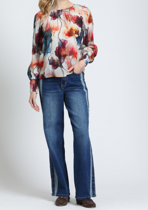JEWEL FROST MULTI FLORAL ELASTIC ROUND NECK LONG SMOCKED CUFF SLEEVE PULLOVER TOP
