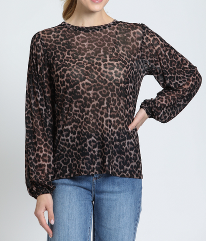COCOA LEOPARD PRINT BOHO LONG PLEATED SLEEVE SHEER TOP