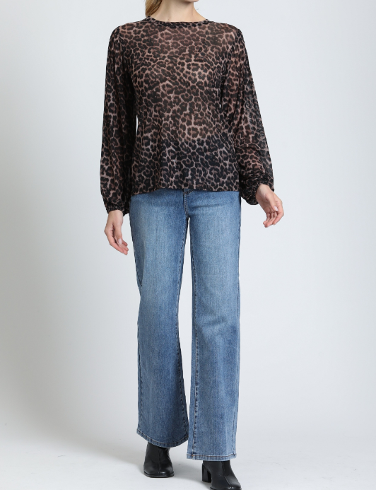 COCOA LEOPARD PRINT BOHO LONG PLEATED SLEEVE SHEER TOP