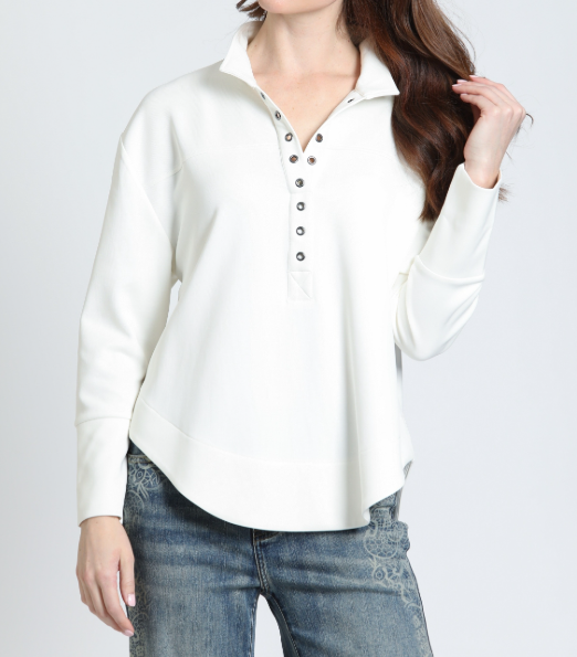 CLOUD WHITE GROMMET PLACKET LONG SLEEVE HENLEY TOP