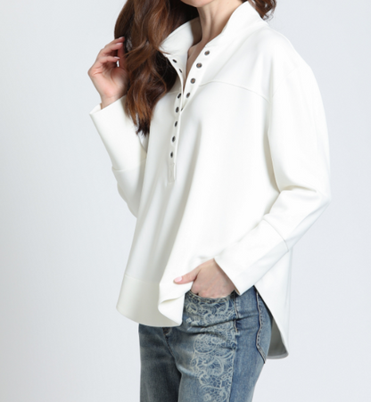 CLOUD WHITE GROMMET PLACKET LONG SLEEVE HENLEY TOP