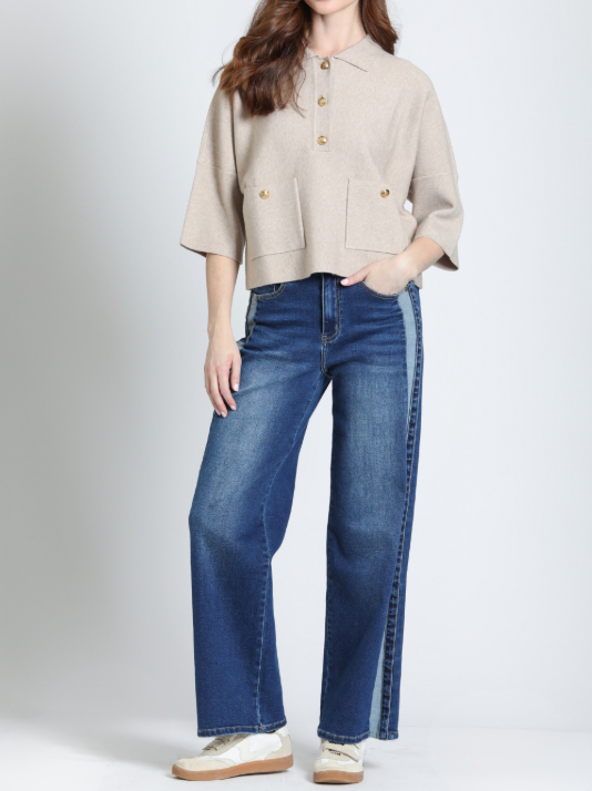 HEATHER SAND COLLARED GOLD BUTTON FRONT KNIT POLO TOP