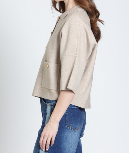HEATHER SAND COLLARED GOLD BUTTON FRONT KNIT POLO TOP