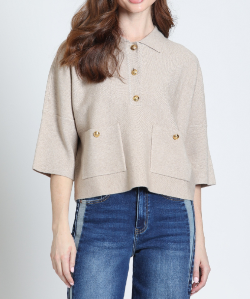 HEATHER SAND COLLARED GOLD BUTTON FRONT KNIT POLO TOP
