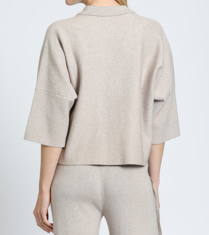 HEATHER SAND COLLARED GOLD BUTTON FRONT KNIT POLO TOP