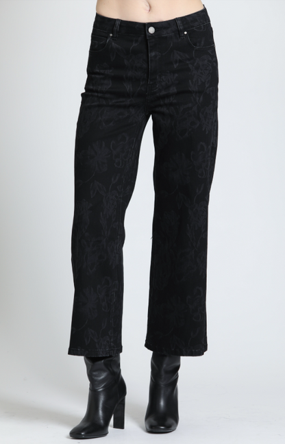 SMOKY BLACK FAINT FLORAL PRINT MID RISE WIDE LEG CROPPED JEAN