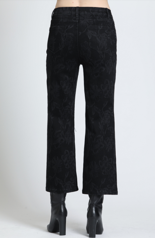 SMOKY BLACK FAINT FLORAL PRINT MID RISE WIDE LEG CROPPED JEAN