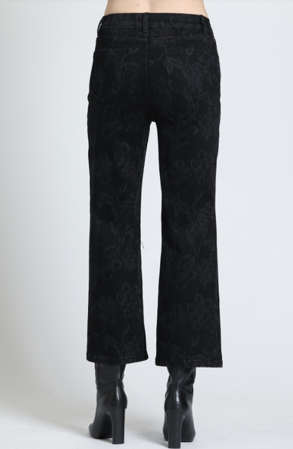 SMOKY BLACK FAINT FLORAL PRINT MID RISE WIDE LEG CROPPED JEAN