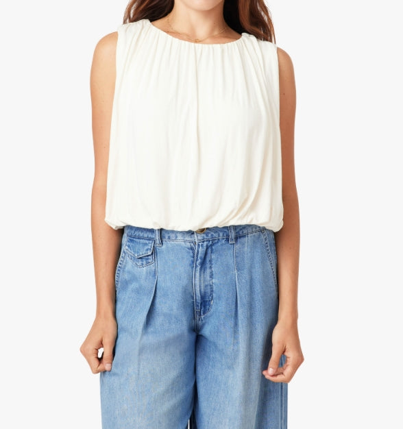 WHISPER WHITE SLEEVELESS BUBBLE KNIT TOP