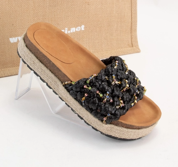 BLACK RAFFIA JEWELED SANDAL
