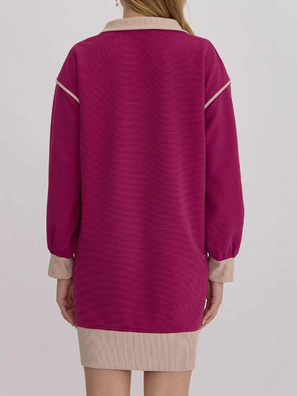 MAGENTA/CREAM RIBBED LONG SLEEVE COLLARED ZIP UP DRESS