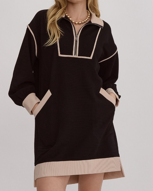 BLACK/CREAM RIBBED LONG SLEEVE COLLARED ZIP UP DRESS