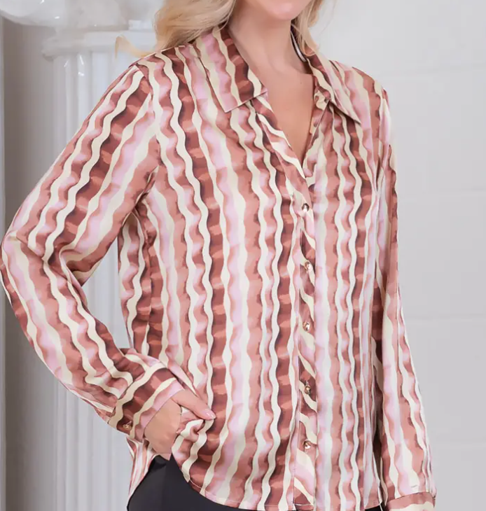 TERRACOTTA WAVE STRIPE LONG SLEEVE BUTTON UP BLOUSE