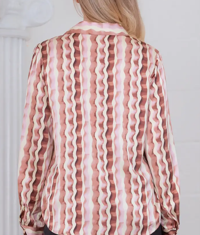 TERRACOTTA WAVE STRIPE LONG SLEEVE BUTTON UP BLOUSE