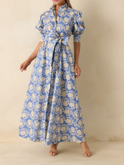 BLUE BLOOMPORT PRINT MARIANNE MAXI DRESS