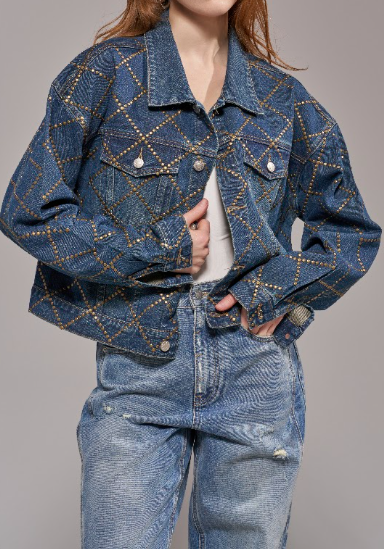 DARK DENIM LONG SLEEVE GOLD NAILHEAD STUD GRAMERCY JACKET
