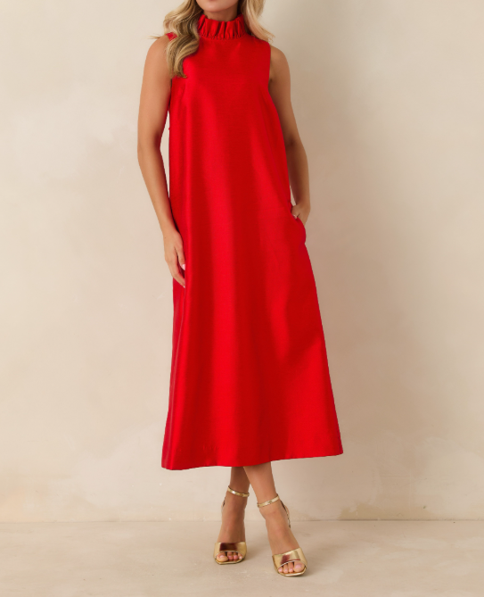 CRANBERRY RED RUFFLE NECK CECILY MAXI DRESS
