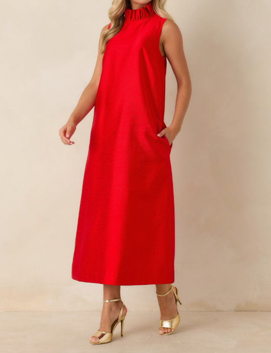 CRANBERRY RED RUFFLE NECK CECILY MAXI DRESS