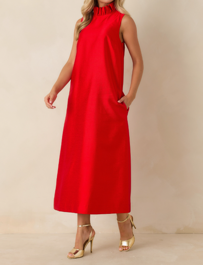 CRANBERRY RED RUFFLE NECK CECILY MAXI DRESS