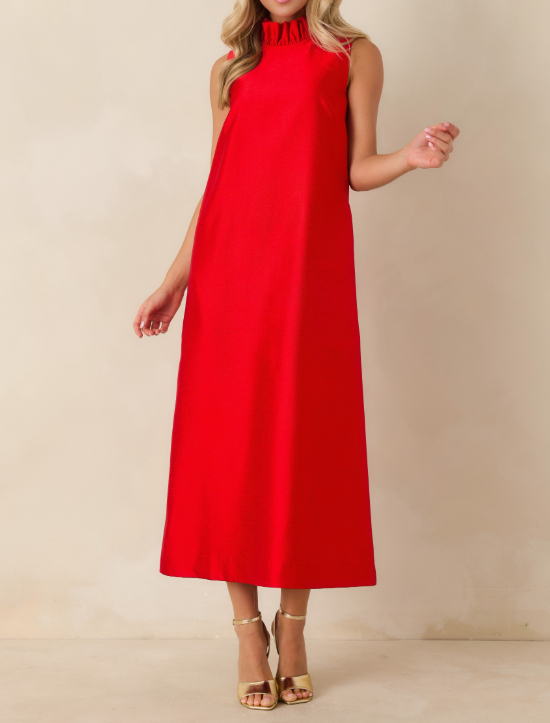 CRANBERRY RED RUFFLE NECK CECILY MAXI DRESS