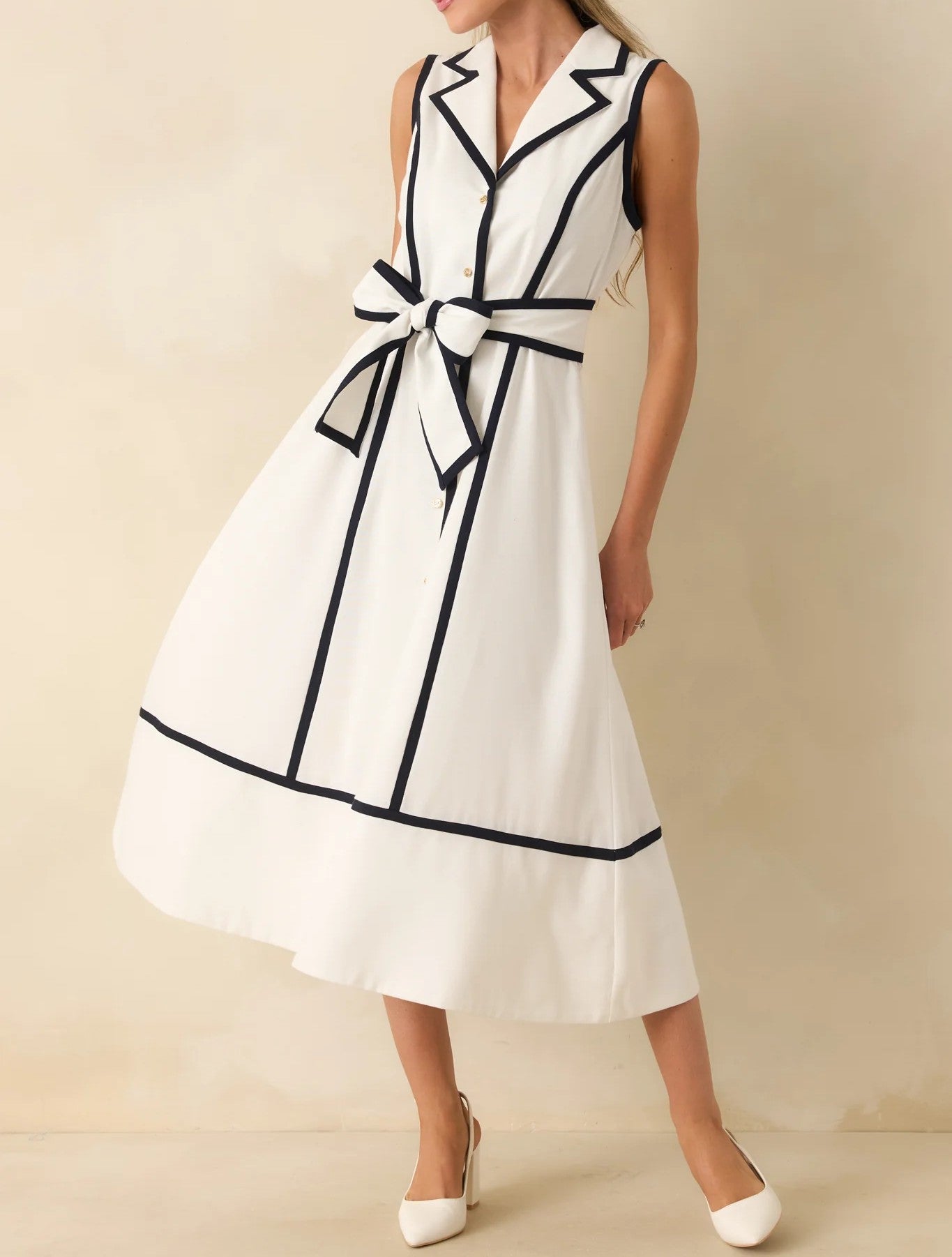 WHITE/NAVY CONTRAST LINEN BLEND SIMONNE MIDI DRESS