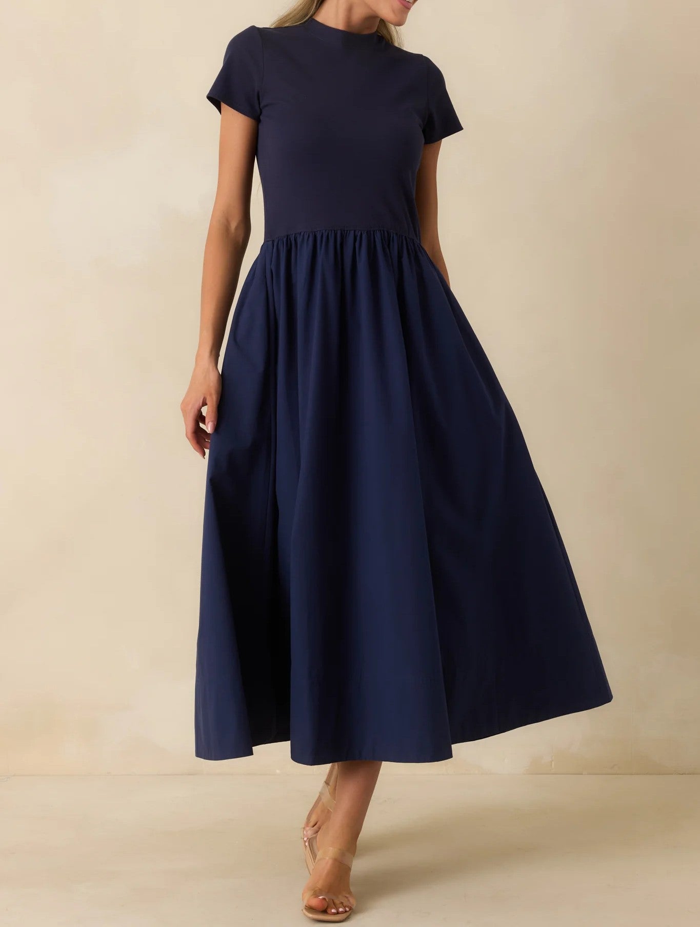 NAVY COTTON SHORT SLEEVE MIXED MEDIA ARIA MIDI DRESS