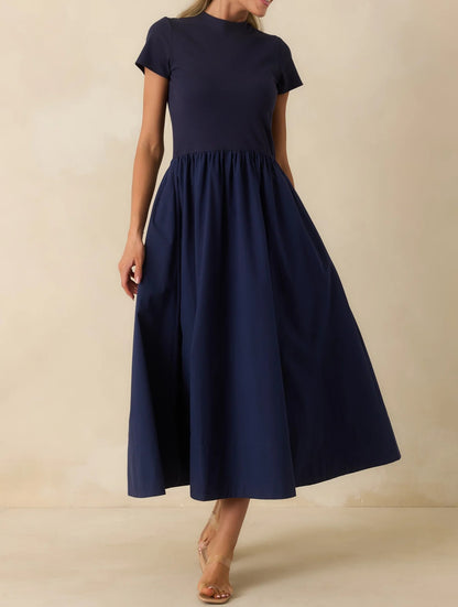 NAVY COTTON SHORT SLEEVE MIXED MEDIA ARIA MIDI DRESS