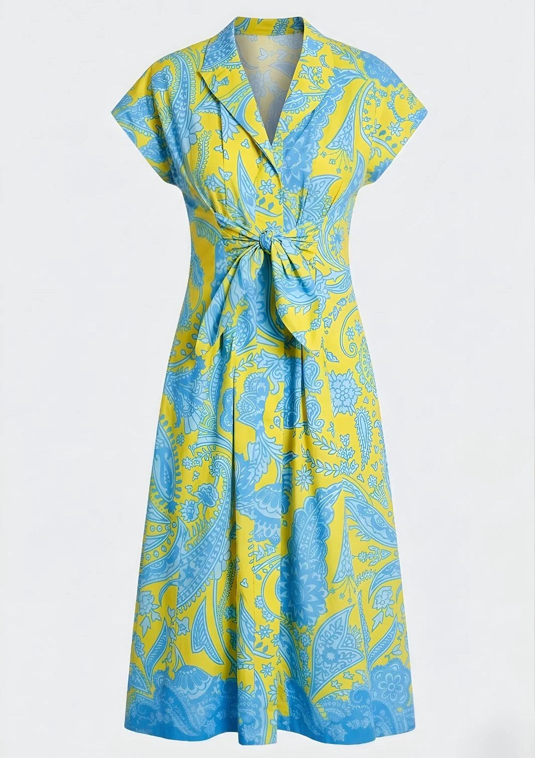 YELLOW MULTI CALYPSO PAISLEY TIE FRONT MIDI DRESS