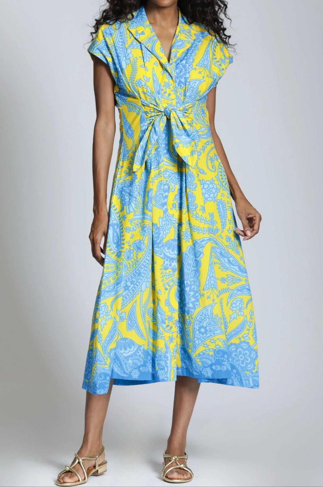 YELLOW MULTI CALYPSO PAISLEY TIE FRONT MIDI DRESS