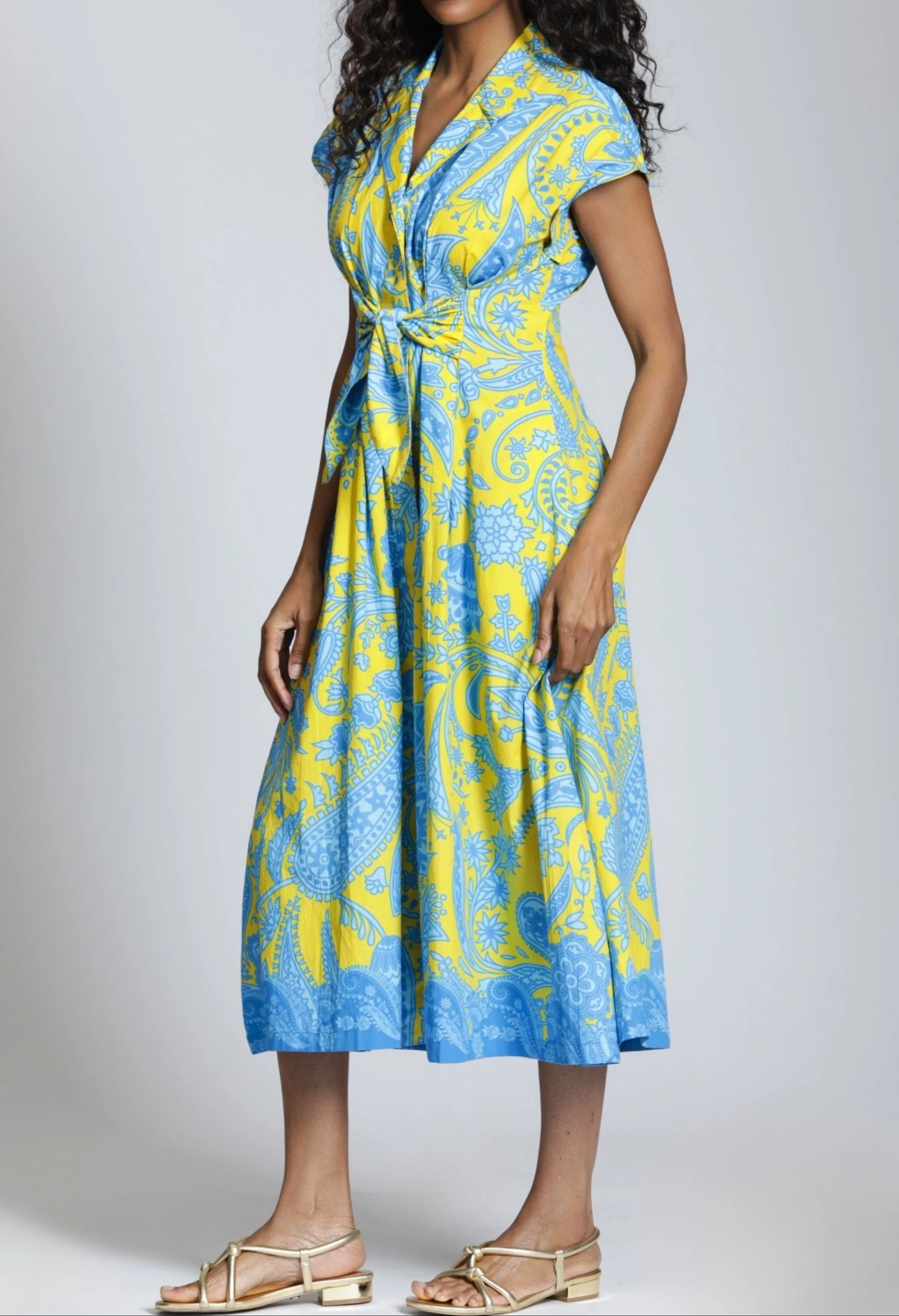 YELLOW MULTI CALYPSO PAISLEY TIE FRONT MIDI DRESS