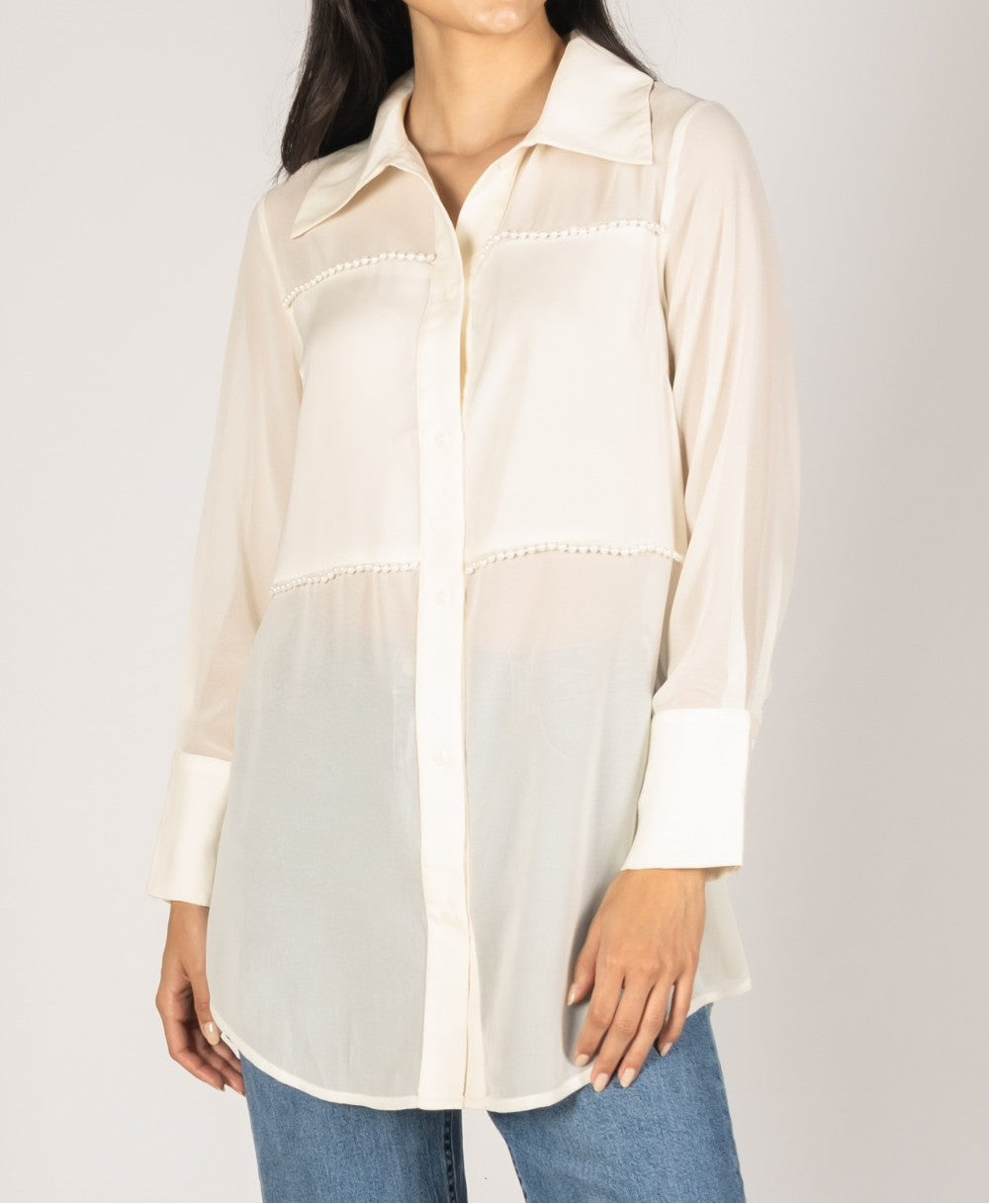 IVORY SATIN CONTRAST PEARL EMBELLISHED SHEER BUTTON UP SHIRT