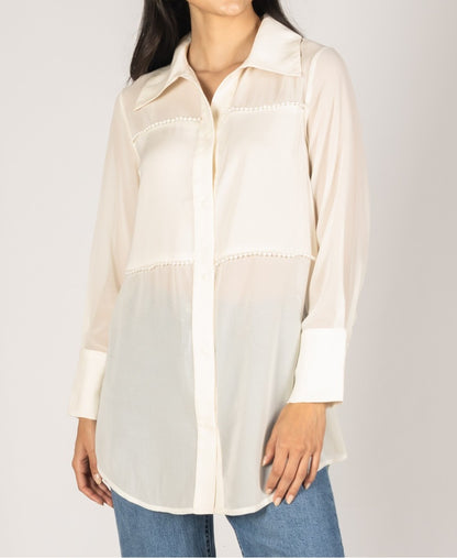 IVORY SATIN CONTRAST PEARL EMBELLISHED SHEER BUTTON UP SHIRT