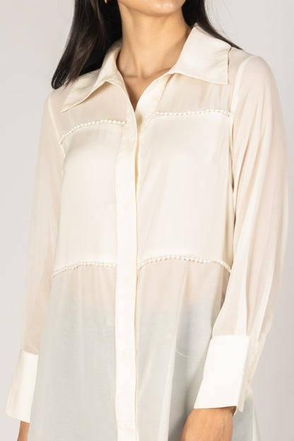 IVORY SATIN CONTRAST PEARL EMBELLISHED SHEER BUTTON UP SHIRT