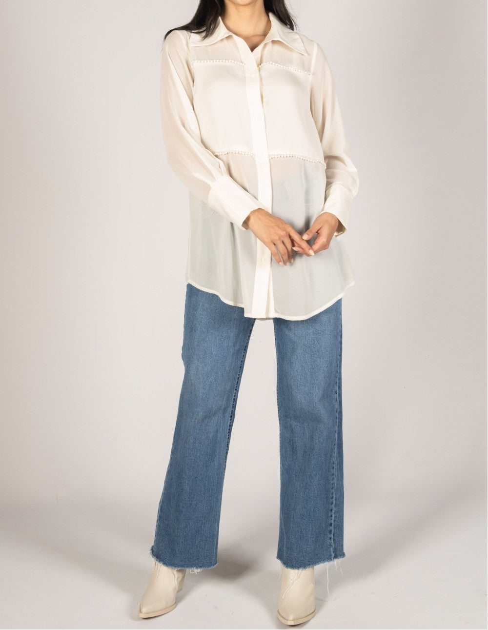 IVORY SATIN CONTRAST PEARL EMBELLISHED SHEER BUTTON UP SHIRT