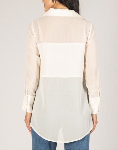 IVORY SATIN CONTRAST PEARL EMBELLISHED SHEER BUTTON UP SHIRT