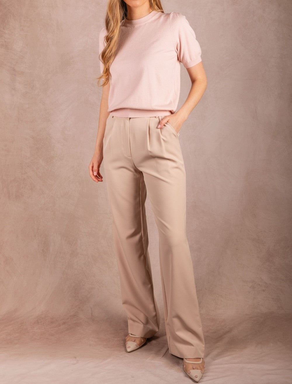 BABY PINK KNIT SHORT PUFF SLEEVE TOP