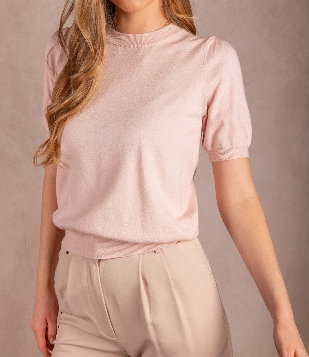 BABY PINK KNIT SHORT PUFF SLEEVE TOP