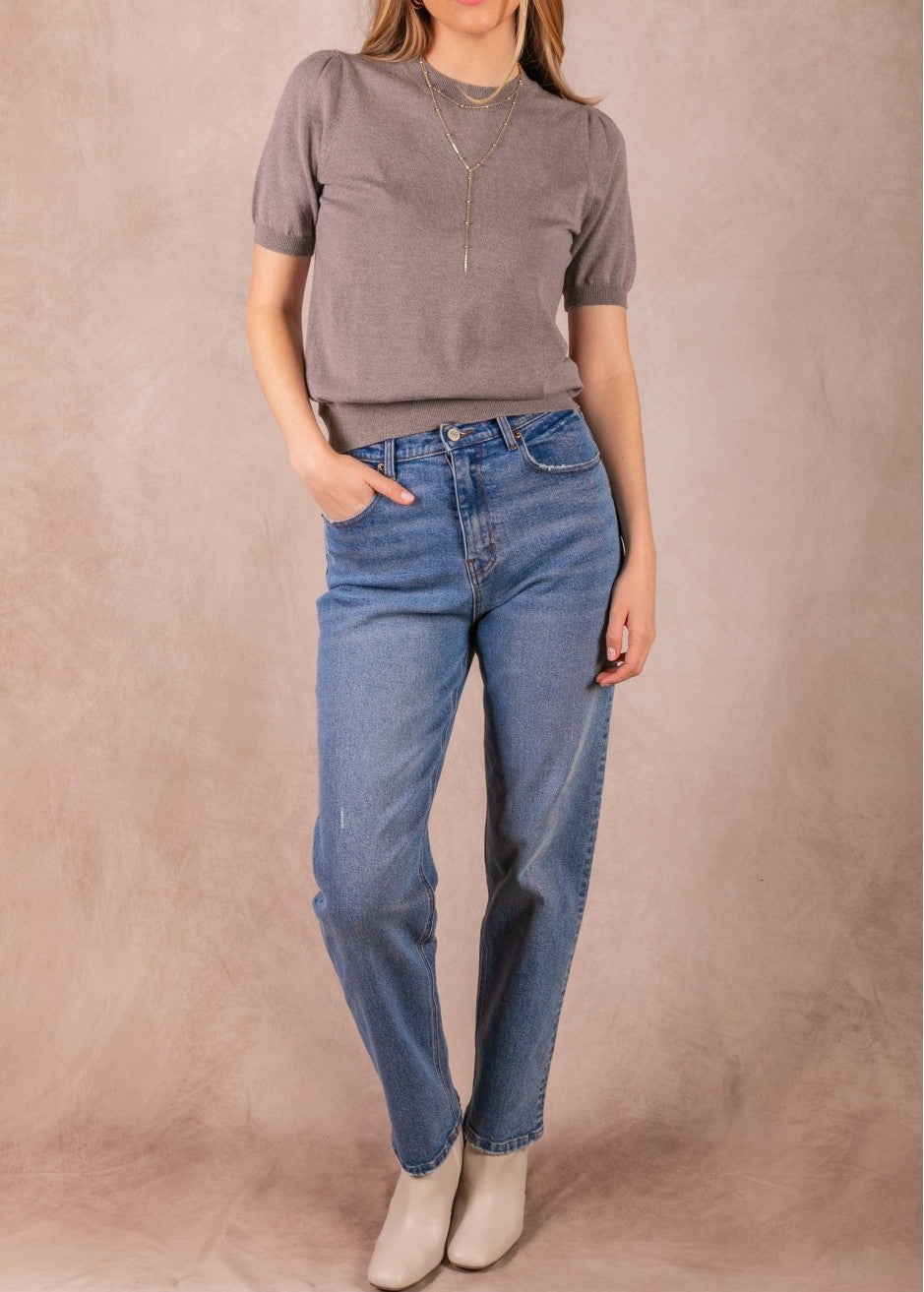 CHARCOAL KNIT SHORT PUFF SLEEVE TOP