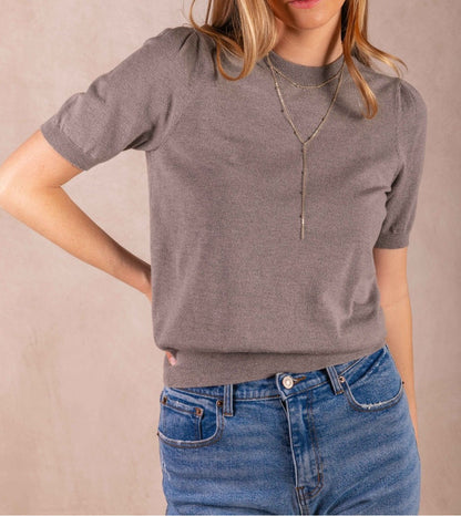 CHARCOAL KNIT SHORT PUFF SLEEVE TOP