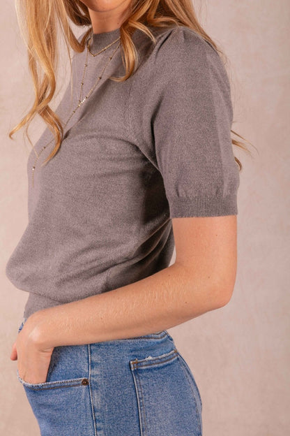 CHARCOAL KNIT SHORT PUFF SLEEVE TOP