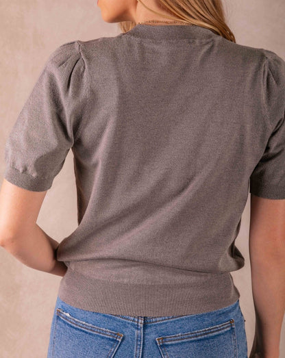 CHARCOAL KNIT SHORT PUFF SLEEVE TOP