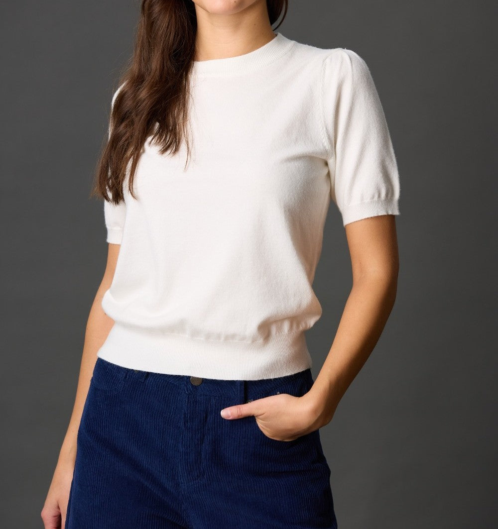 IVORY KNIT SHORT PUFF SLEEVE TOP