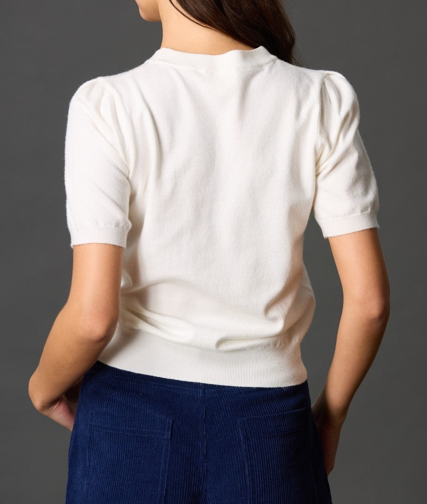 IVORY KNIT SHORT PUFF SLEEVE TOP